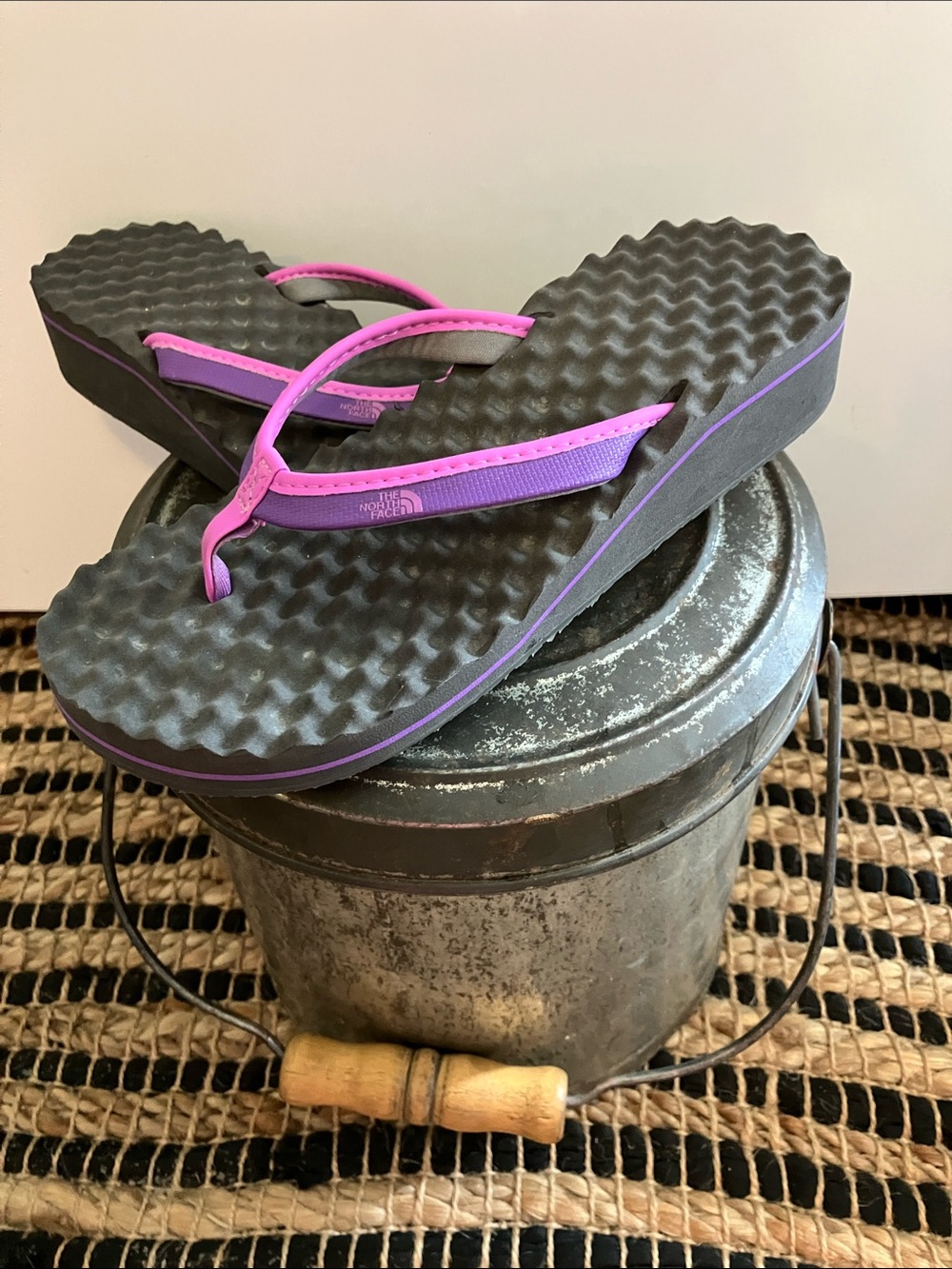 The North Face Black Flip Flops with Pink & Purple Accents